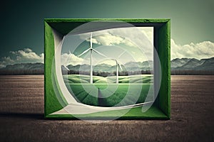 Conceptual image of wind turbines in green frame against countryside landscape