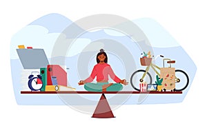 Conceptual Image Of Woman Sitting On Scales In Meditation Pose, Weighing Her Options Between Career And Family