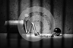 Conceptual jail photo with iron nail ball and chain artistic con