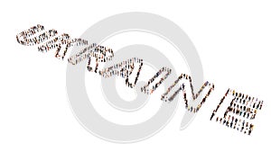 Conceptual large community of people forming UKRAINE word. 3d illustration metaphor for patriotism, love, country
