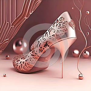 conceptual logo pink golden high heel shoe at pink decorated background for shoes business, branding. Ai generated