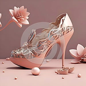 conceptual logo pink golden high heel shoe at pink decorated background for shoes business, branding. Ai generated