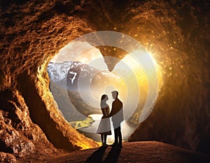 Conceptual love couple in heart shape cave in the mountains on Valentine Day
