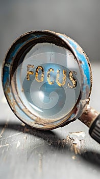 Conceptual magnifying glass focusing on the word FOCUS isolated on a white background, symbolizing clarity, concentration