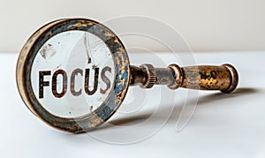 Conceptual magnifying glass focusing on the word FOCUS isolated on a white background, symbolizing clarity, concentration