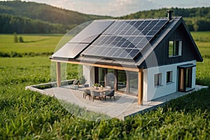 Conceptual model a small house with a lot of windows and a solar panel on the roof