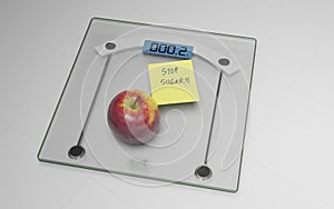 Conceptual and modern still life delicious apple and yellow posit note text saying stop sugar stuck on bathroom scale in weight