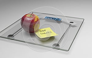 Conceptual and modern still life delicious apple and yellow posit note text saying stop sugar stuck on bathroom scale in weight