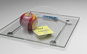 Conceptual and modern still life delicious apple and yellow posit note text saying stop sugar stuck on bathroom scale in weight photo