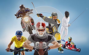 The conceptual multi sports collage with american football, hockey, cyclotourism, fencing, motor sport