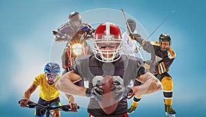 The conceptual multi sports collage with american football, hockey, cyclotourism, fencing, motor sport