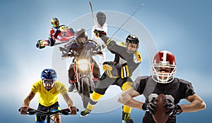 The conceptual multi sports collage with american football, hockey, cyclotourism, fencing, motor sport