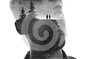 A conceptual paintography portrait of a man looking afar in double exposure