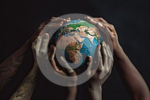 Conceptual peace symbol of african black hands making a circle together around the Earth globe against black background