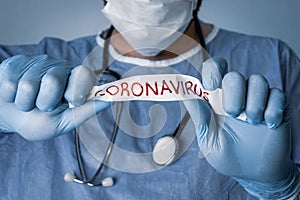 Conceptual photo for Coronavirus outbreaking. Covid-19 concept. The doctor crumples the white paper that says Coronavirus