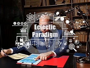 Conceptual photo about Eclectic Paradigm with written text. Businessman doing his work in office on background