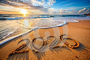 Conceptual photo: New Year 2013 is coming! - inscription 2012 and 2013 on a beach sand photo
