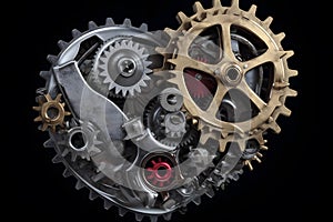 A conceptual photo-realistic image of an intricate mechanical heart, with detailed gears, cogs, and pistons, captured in a studio