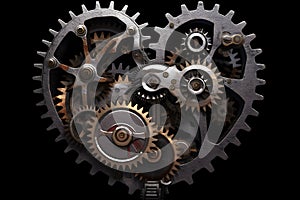 A conceptual photo-realistic image of an intricate mechanical heart, with detailed gears, cogs, and pistons, captured in a studio