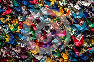 A conceptual photo-realistic image of a vibrant and intricate mosaic made entirely of colorful origami birds, capturing the