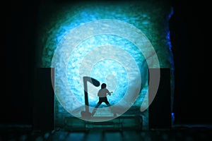Conceptual Photo, Silhouette Bassist or Guitarist in Action, at Fake Stage, Blue Lighting