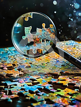 A conceptual photograph featuring a magnifier glass hovering over a jigsaw puzzle,