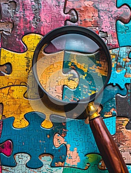 A conceptual photograph featuring a magnifier glass hovering over a jigsaw puzzle,