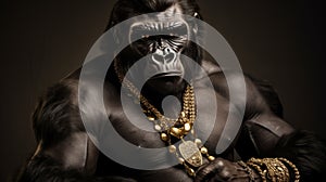 Conceptual Photography Black Gorilla In Gold Chains With Gold Necklace