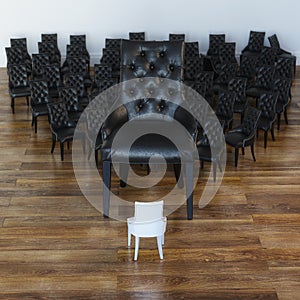 Conceptual Picture Of Many Black Leather Chairs And White One