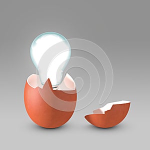Conceptual picture of nascent idea. Light bulb emerging from eggshell