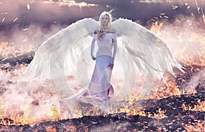 Conceptual portrait of an angel walking on hell flames
