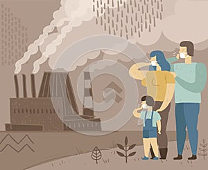 Conceptual poster of air pollution.  Family breathes dirty air from a smoking factory
