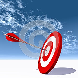 Conceptual red dart target board with arrow in the center on clouds