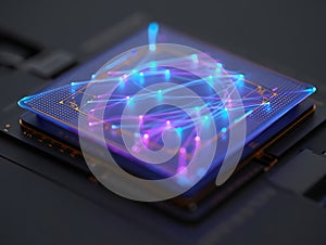 Conceptual rendering of a glowing neural network or artificial intelligence processing unit on a dark circuit board