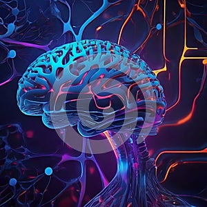 Conceptual representation of artificial intelligence brain surrounded by data and circuits digital d