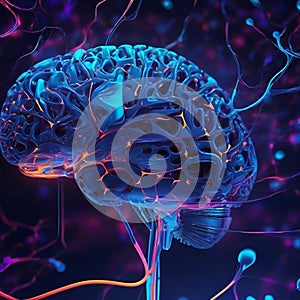 Conceptual representation of artificial intelligence brain surrounded by data and circuits digital d