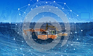 Conceptual representation of the construction of an autobahn by an excavator using modern technology and artificial intelligence.