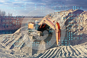 Conceptual representation of the construction of an autobahn by an excavator using modern technology and artificial intelligence.