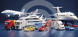 Conceptual representation of different types of global freight transportation as toys, types and ways of transporting goods and