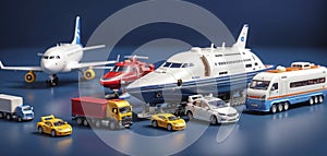 Conceptual representation of different types of global freight transportation as toys, types and ways of transporting goods and