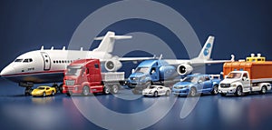 Conceptual representation of different types of global freight transportation as toys, types and ways of transporting goods and
