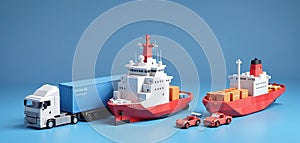 Conceptual representation of different types of global freight transportation as toys, types and ways of transporting goods and