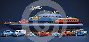 Conceptual representation of different types of global freight transportation as toys, types and ways of transporting goods and