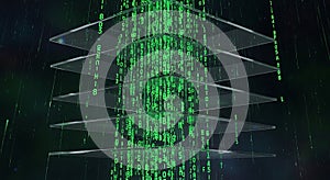 Abstract Digital Matrix Layers with Falling Green Binary Code Data