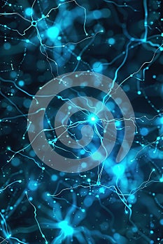 Conceptual representation of neural networks and synaptic connections with glowing pathways