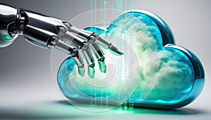 conceptual representation of robotic hand uploading data into glowing cloud, with streams of binary code connecting them,