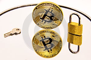 Conceptual representation of the safety or security of bitcoin on a white mirror surface.