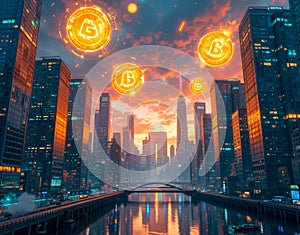Conceptual scene of a futuristic city with massive holographic bitcoins floating above skyscrapers, casting bright reflections photo