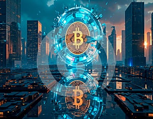 Conceptual scene of a futuristic city with massive holographic bitcoins floating above skyscrapers, casting bright reflections photo
