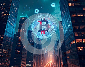 Conceptual scene of a futuristic city with massive holographic bitcoins floating above skyscrapers, casting bright reflections photo